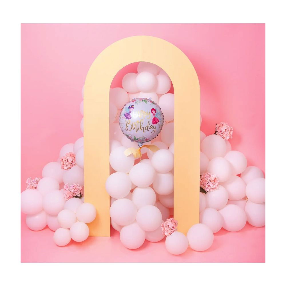 Petrecere - Balon din Folie Metalizata, Flippy, Figurina Cerc, Model Happy Birthday cu Zane, Tematica Aniversare, 45 cm, Ambalaj Individual, Pai Inclus, Umflare cu Aer sau Heliu, Multicolor