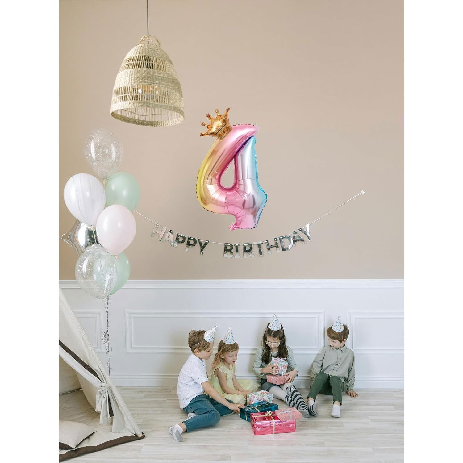 Balon din Folie Metalizata, Flippy, Figurina Cifra Gradient, Tema Aniversare 80 cm, Ambalaj Individual, Pai inclus, Umflare cu Aer sau Heliu, Coronita, Cifra 4 [3]