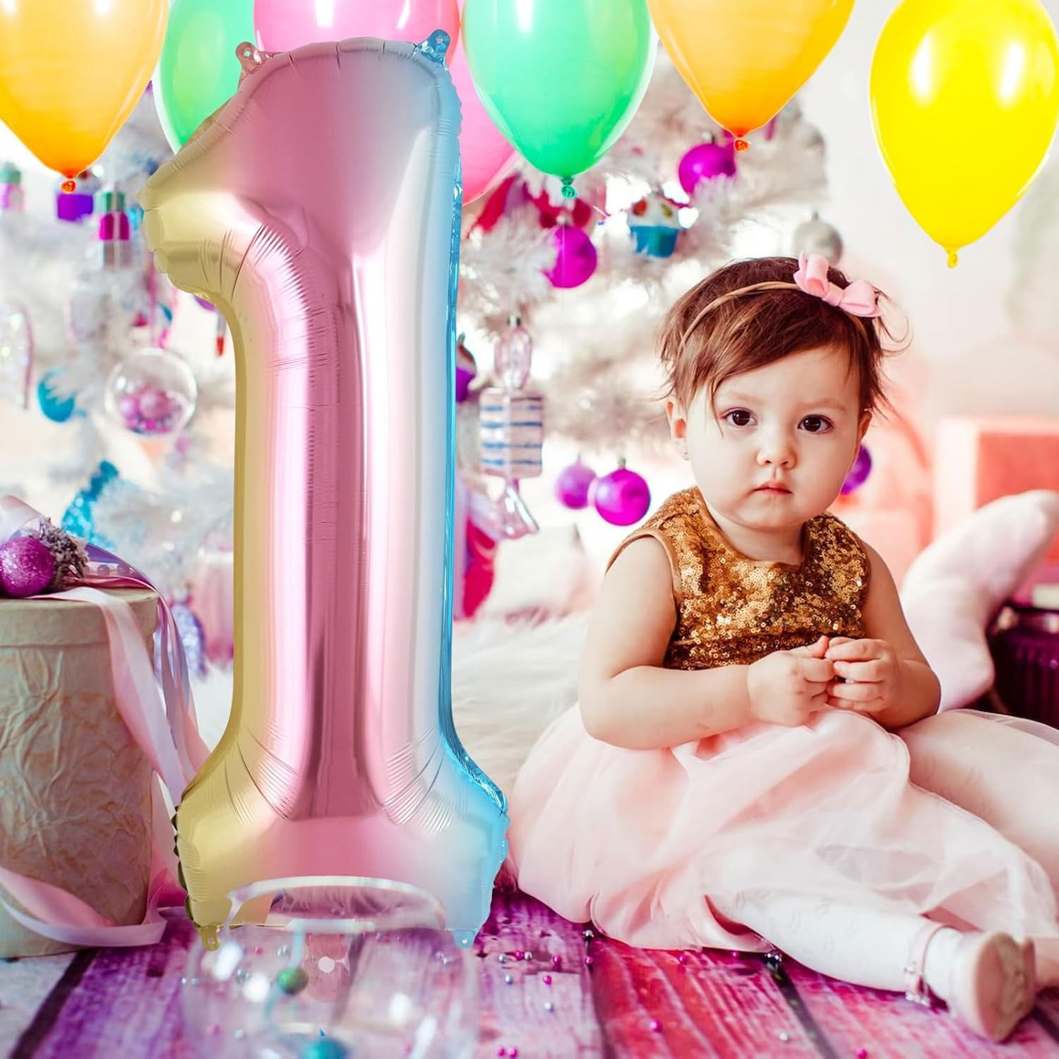 Balon din Folie Metalizata Flippy, Figurina Cifra Gradient, Tema Aniversare 40 cm, Ambalaj Individual, Pai inclus, Umflare cu Aer sau Heliu, Multicolor, Cifra 1 [4]