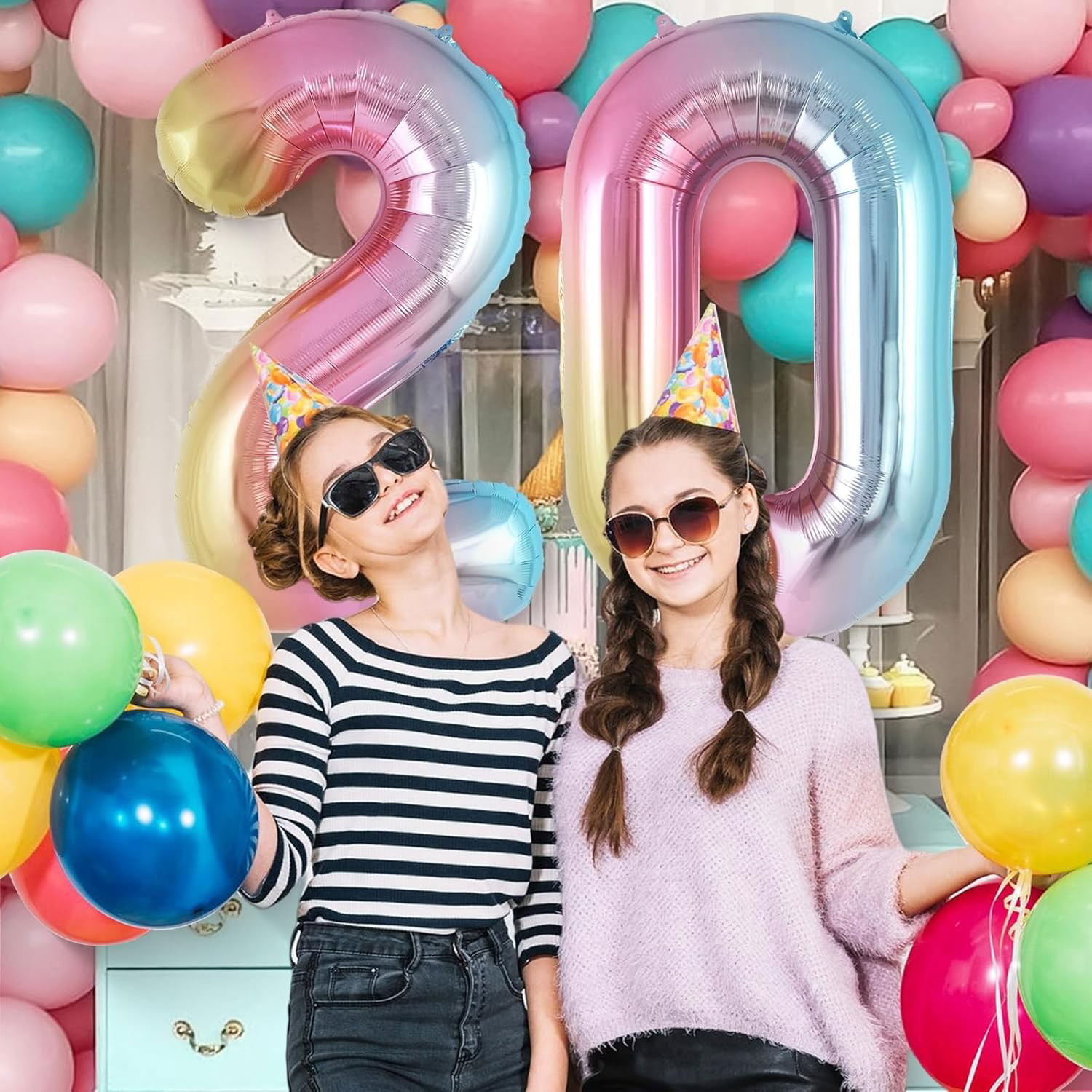 Balon din Folie Metalizata Flippy, Figurina Cifra Gradient, Tema Aniversare 40 cm, Ambalaj Individual, Pai inclus, Umflare cu Aer sau Heliu, Multicolor, Cifra 2 [3]