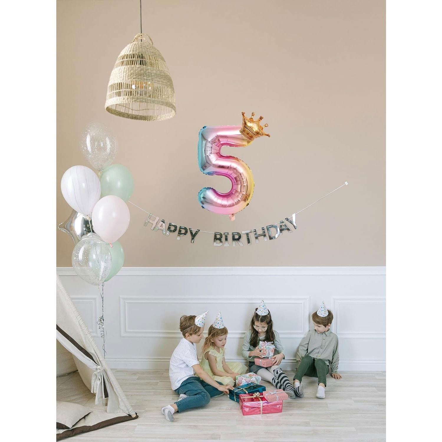 Balon din Folie Metalizata, Flippy, Figurina Cifra Gradient, Tema Aniversare 80 cm, Ambalaj Individual, Pai inclus, Umflare cu Aer sau Heliu, Coronita, Cifra 5 [5]