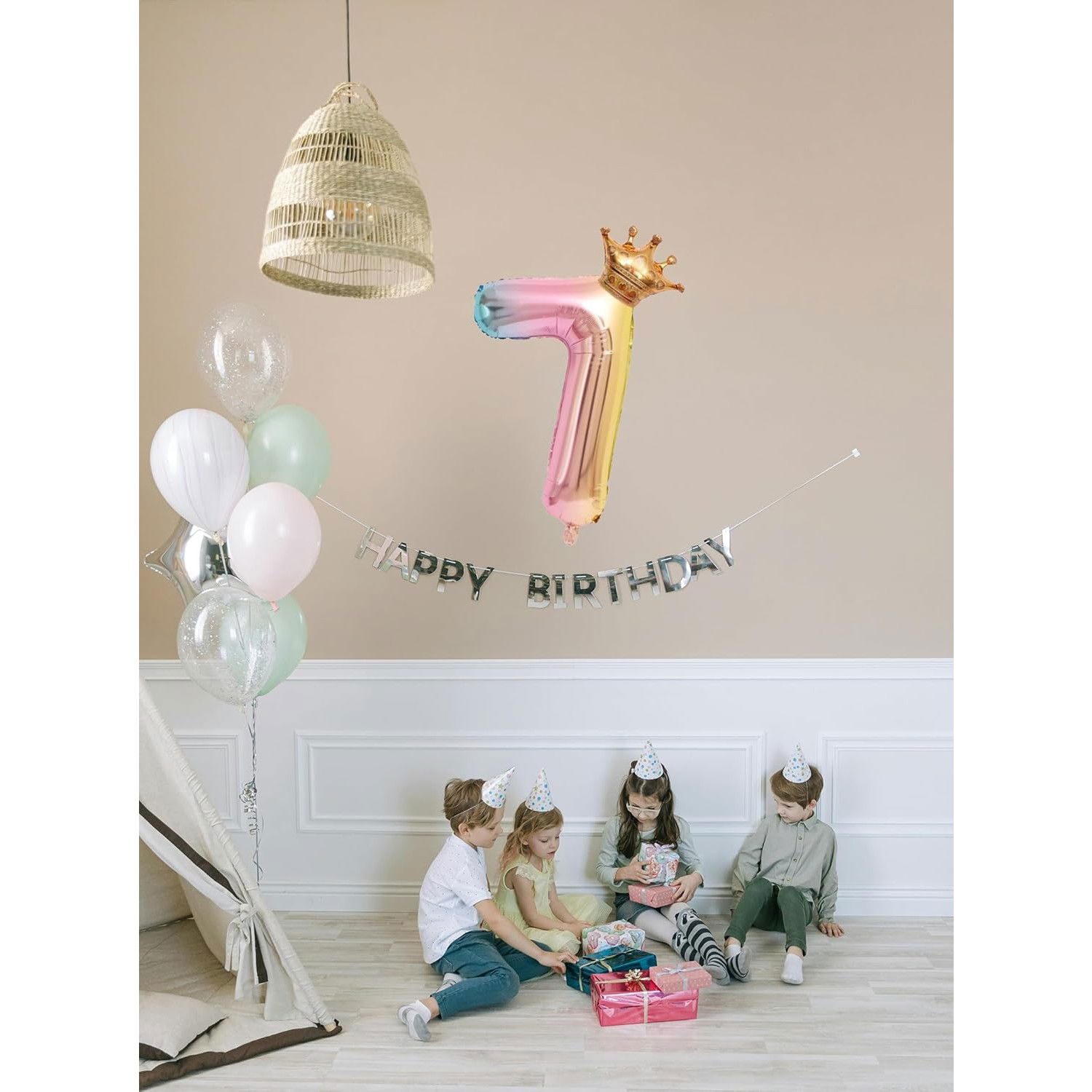 Balon din Folie Metalizata, Flippy, Figurina Cifra Gradient, Tema Aniversare 80 cm, Ambalaj Individual, Pai inclus, Umflare cu Aer sau Heliu, Coronita, Cifra 7 [3]