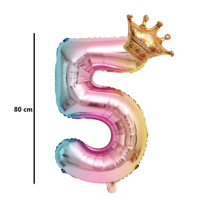 Balon din Folie Metalizata, Flippy, Figurina Cifra Gradient, Tema Aniversare 80 cm, Ambalaj Individual, Pai inclus, Umflare cu Aer sau Heliu, Coronita, Cifra 5 [7]