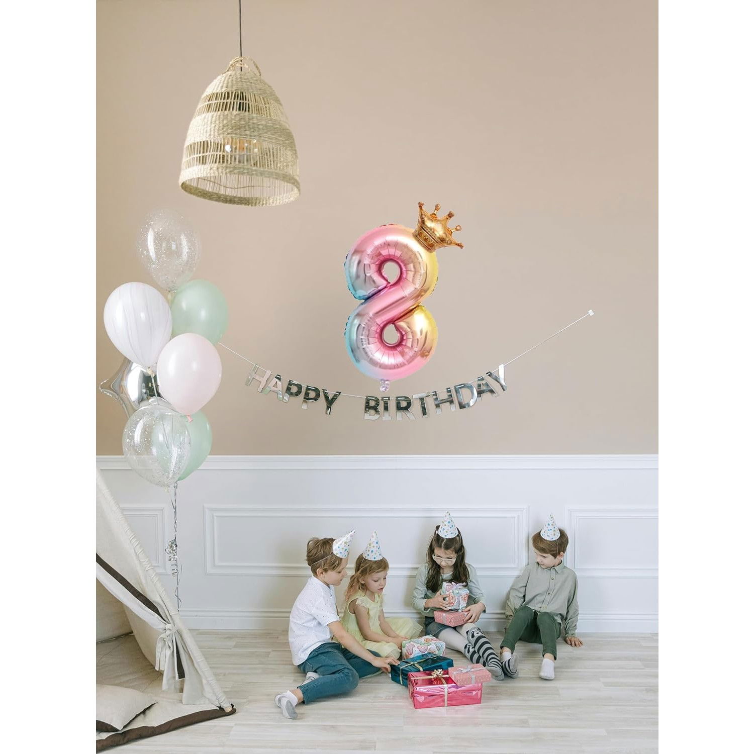 Balon din Folie Metalizata, Flippy, Figurina Cifra Gradient, Tema Aniversare 80 cm, Ambalaj Individual, Pai inclus, Umflare cu Aer sau Heliu, Coronita, Cifra 8 [3]