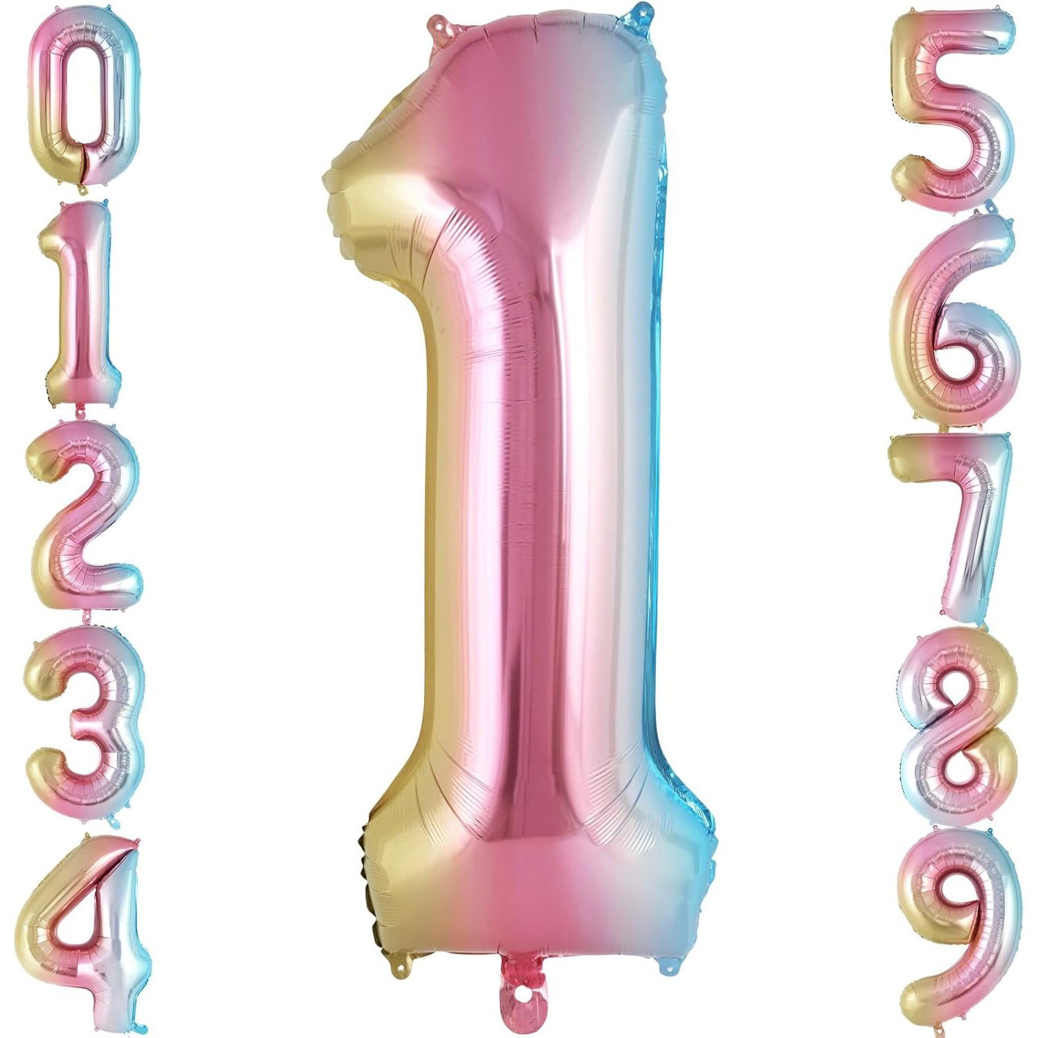 Balon din Folie Metalizata Flippy, Figurina Cifra Gradient, Tema Aniversare 40 cm, Ambalaj Individual, Pai inclus, Umflare cu Aer sau Heliu, Multicolor, Cifra 1 [6]