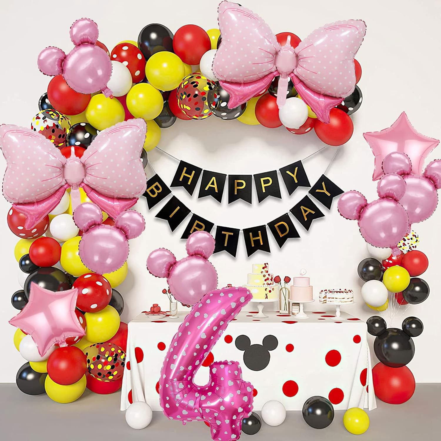 Balon din Folie Metalizata Flippy, Figurina Cifra, Imprimeu Inimi, Tema Aniversare 80 cm, Ambalaj Individual, Pai inclus, Umflare cu Aer sau Heliu, Roz, Cifra 4 [4]