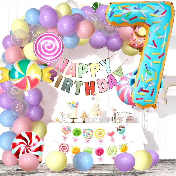 Petrecere - Balon din Folie Metalizata Flippy, Figurina Cifra, Imprimeu Gogosi, Tema Aniversare 100 cm, Ambalaj Individual, Pai inclus, Umflare cu Aer sau Heliu, Multicolor, Cifra 7