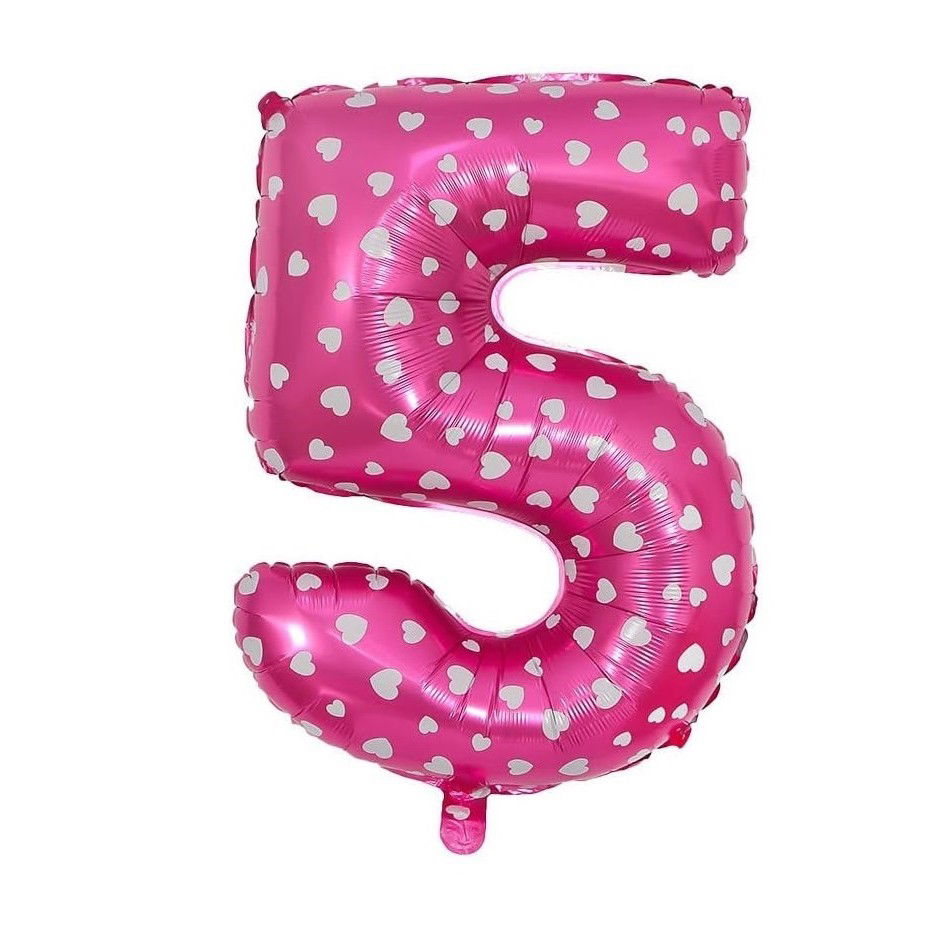 10 - 25 LEI - Balon din Folie Metalizata Flippy, Figurina Cifra, Imprimeu Inimi, Tema Aniversare 80 cm, Ambalaj Individual, Pai inclus, Umflare cu Aer sau Heliu, Roz, Cifra 5