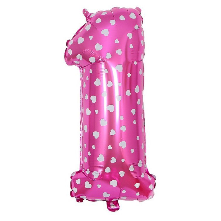 Balon din Folie Metalizata Flippy, Figurina Cifra, Imprimeu Inimi, Tema Aniversare 80 cm, Ambalaj Individual, Pai inclus, Umflare cu Aer sau Heliu, Roz, Cifra 1 [3]