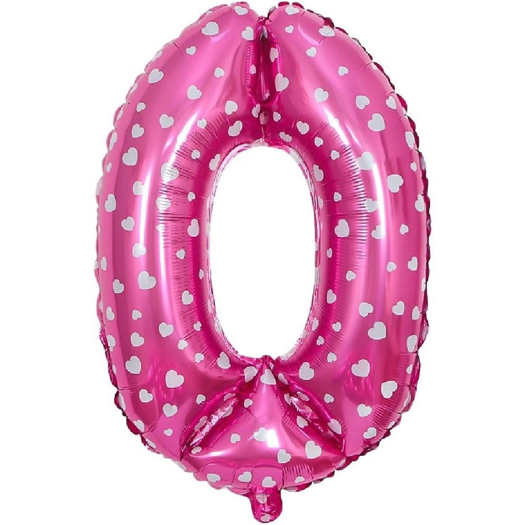 Balon din Folie Metalizata Flippy, Figurina Cifra, Imprimeu Inimi, Tema Aniversare 80 cm, Ambalaj Individual, Pai inclus, Umflare cu Aer sau Heliu, Roz, Cifra 0 [3]