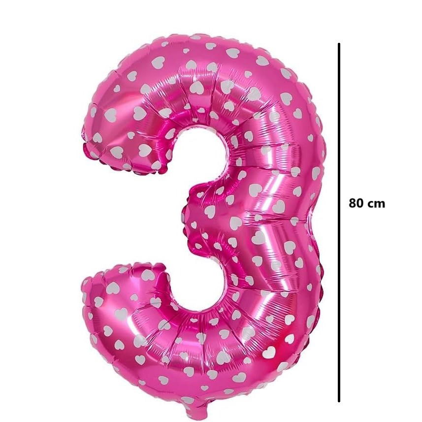 Balon din Folie Metalizata Flippy, Figurina Cifra, Imprimeu Inimi, Tema Aniversare 80 cm, Ambalaj Individual, Pai inclus, Umflare cu Aer sau Heliu, Roz, Cifra 3 [3]