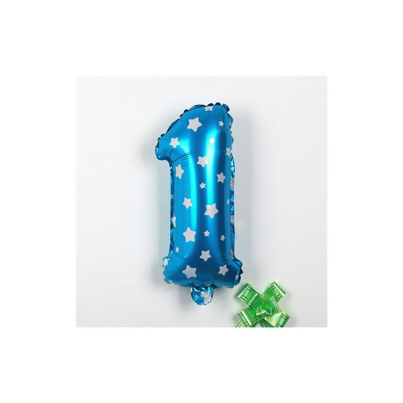Balon din Folie Metalizata Flippy, Figurina Cifra, Imprimeu Stele, Tema Aniversare 80 cm, Ambalaj Individual, Pai inclus, Umflare cu Aer sau Heliu, Albastru, Cifra 1 [5]