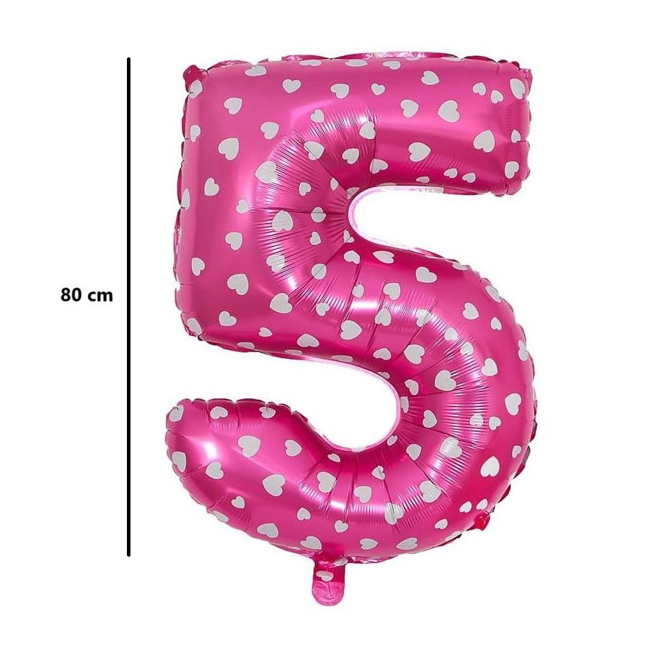 10 - 25 LEI - Balon din Folie Metalizata Flippy, Figurina Cifra, Imprimeu Inimi, Tema Aniversare 80 cm, Ambalaj Individual, Pai inclus, Umflare cu Aer sau Heliu, Roz, Cifra 5