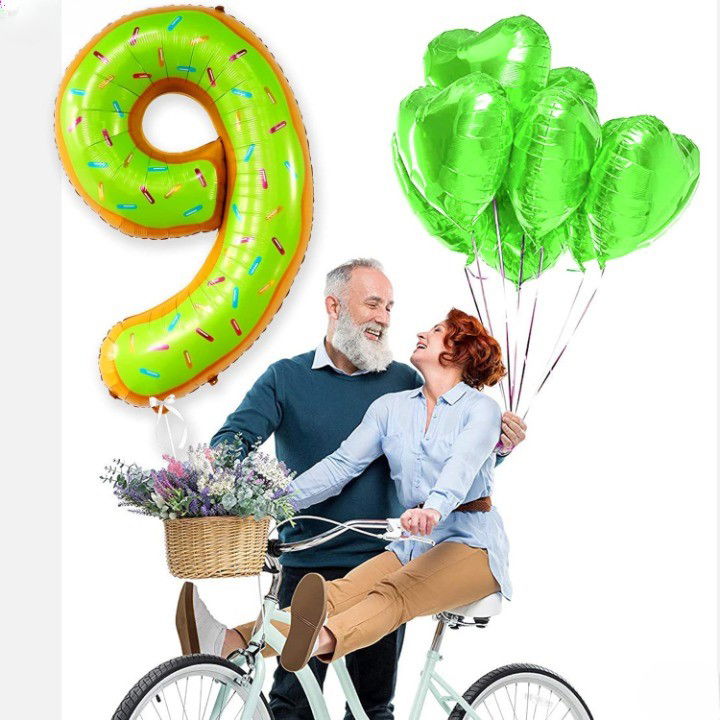 Petrecere - Balon din Folie Metalizata Flippy, Figurina Cifra, Imprimeu Gogosi, Tema Aniversare 100 cm, Ambalaj Individual, Pai inclus, Umflare cu Aer sau Heliu, Multicolor, Cifra 9