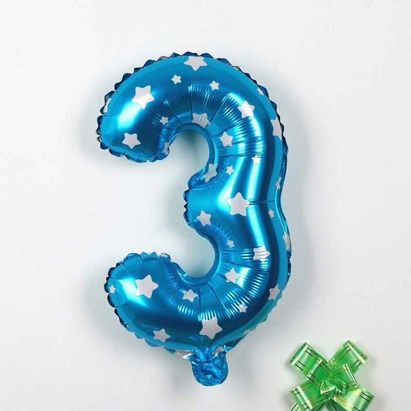 Balon din Folie Metalizata Flippy, Figurina Cifra, Imprimeu Stele, Tema Aniversare 80 cm, Ambalaj Individual, Pai inclus, Umflare cu Aer sau Heliu, Albastru, Cifra 3 [3]