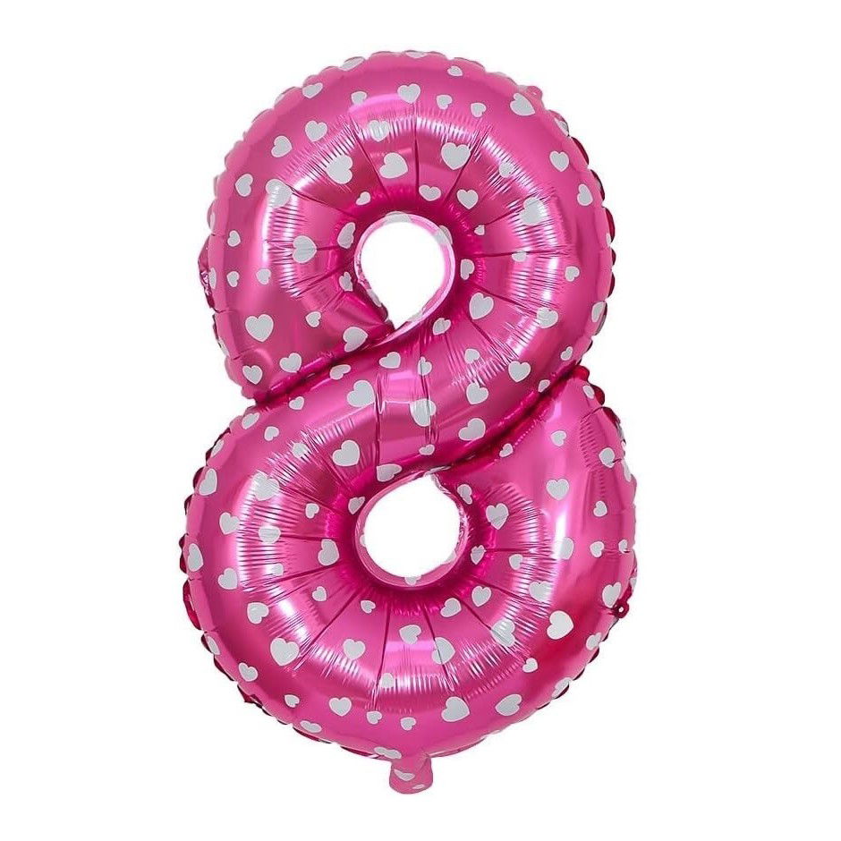 Balon din Folie Metalizata Flippy, Figurina Cifra, Imprimeu Inimi, Tema Aniversare 80 cm, Ambalaj Individual, Pai inclus, Umflare cu Aer sau Heliu, Roz, Cifra 8 [3]
