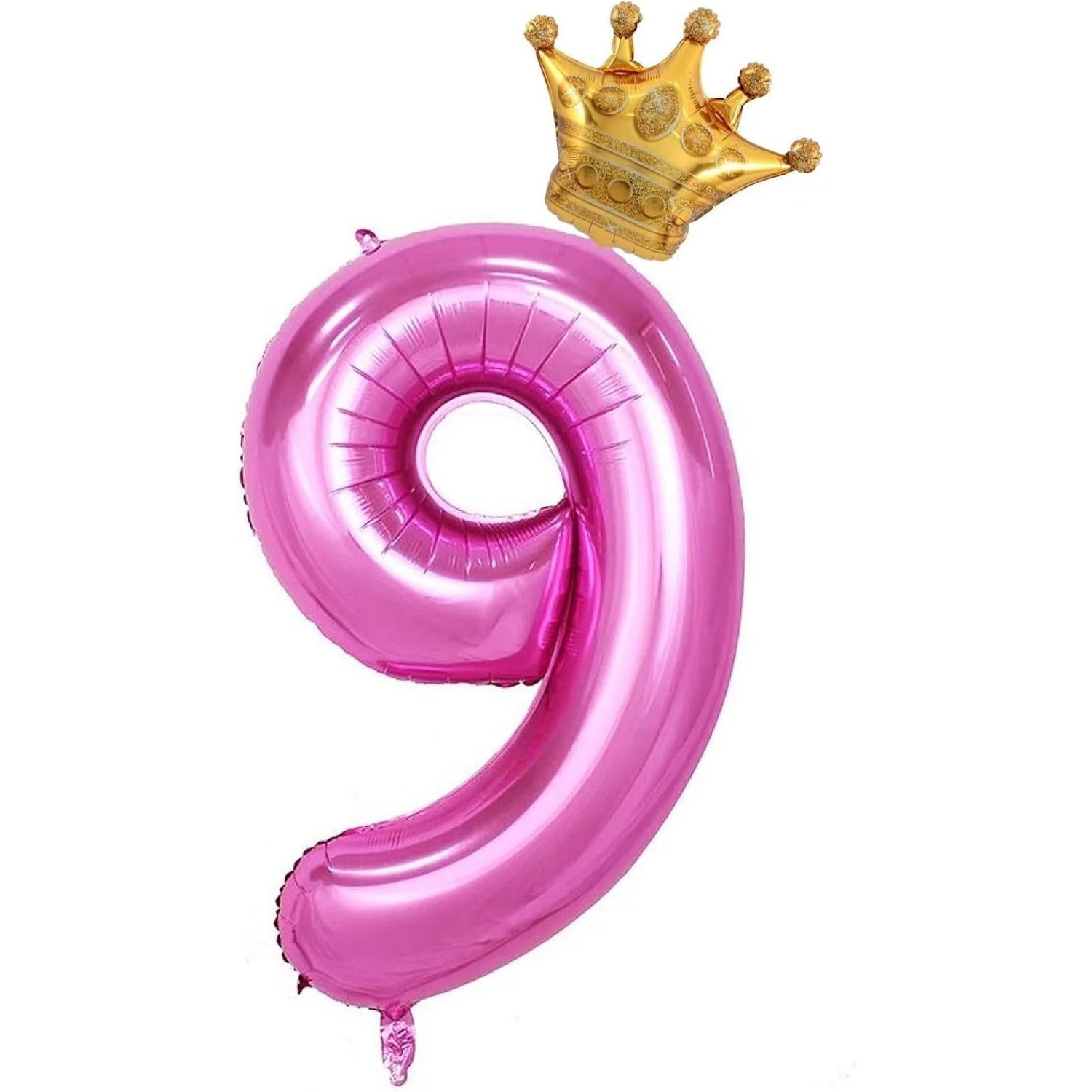 Petrecere - Balon din Folie Metalizata Flippy, Figurina Cifra si Coroana, Tema Aniversare 100 cm, Ambalaj Individual, Pai inclus, Umflare cu Aer sau Heliu, Roz, Cifra 9