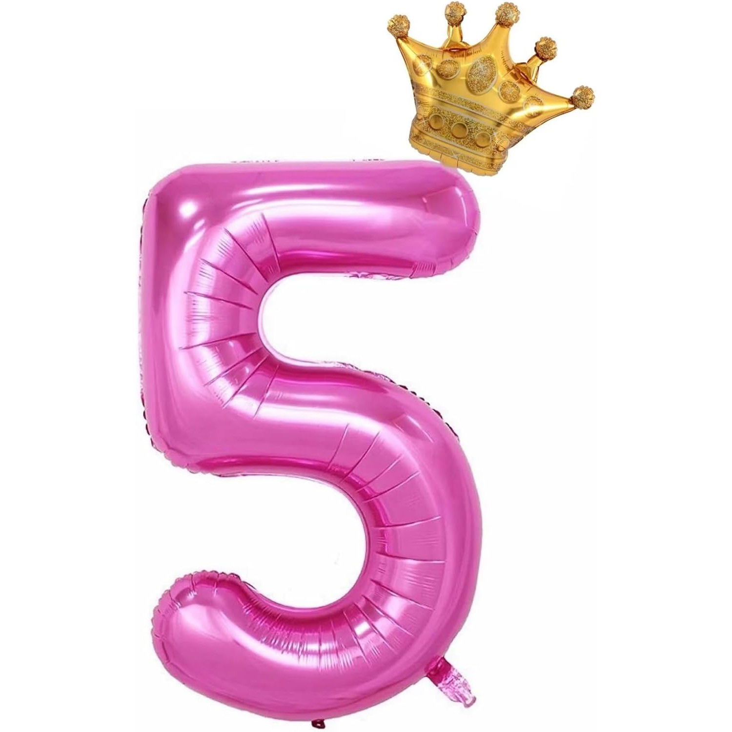 Petrecere - Balon din Folie Metalizata Flippy, Figurina Cifra si Coroana, Tema Aniversare 100 cm, Ambalaj Individual, Pai inclus, Umflare cu Aer sau Heliu, Roz, Cifra 5