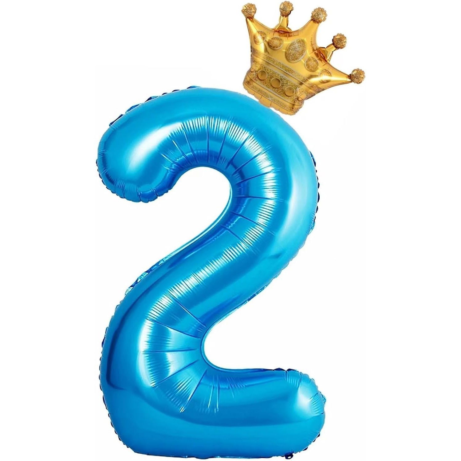Petrecere - Balon din Folie Metalizata Flippy, Figurina Cifra si Coroana, Tema Aniversare 100 cm, Ambalaj Individual, Pai inclus, Umflare cu Aer sau Heliu, Albastru, Cifra 2