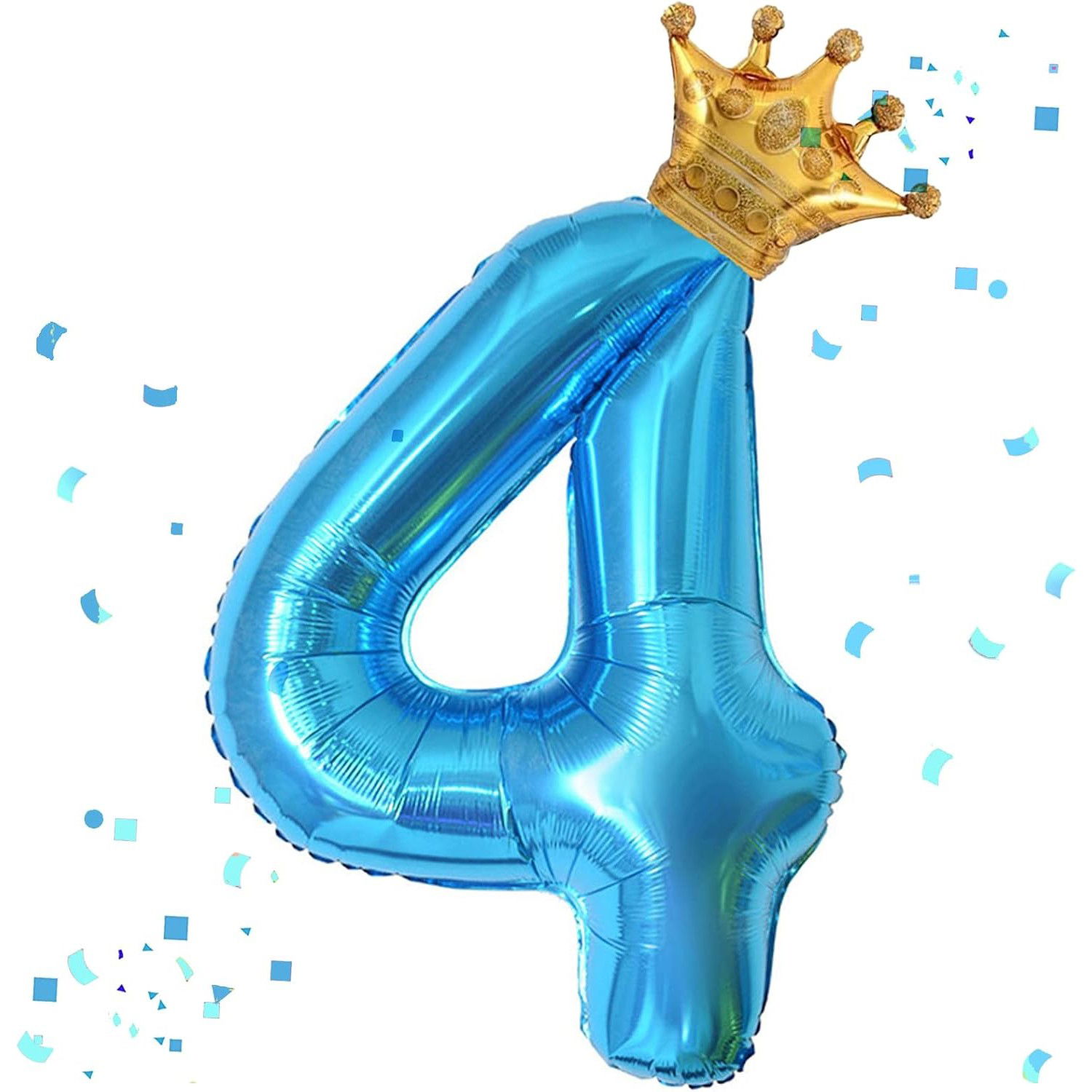 10 - 25 LEI - Balon din Folie Metalizata Flippy, Figurina Cifra si Coroana, Tema Aniversare 100 cm, Ambalaj Individual, Pai inclus, Umflare cu Aer sau Heliu, Albastru, Cifra 4
