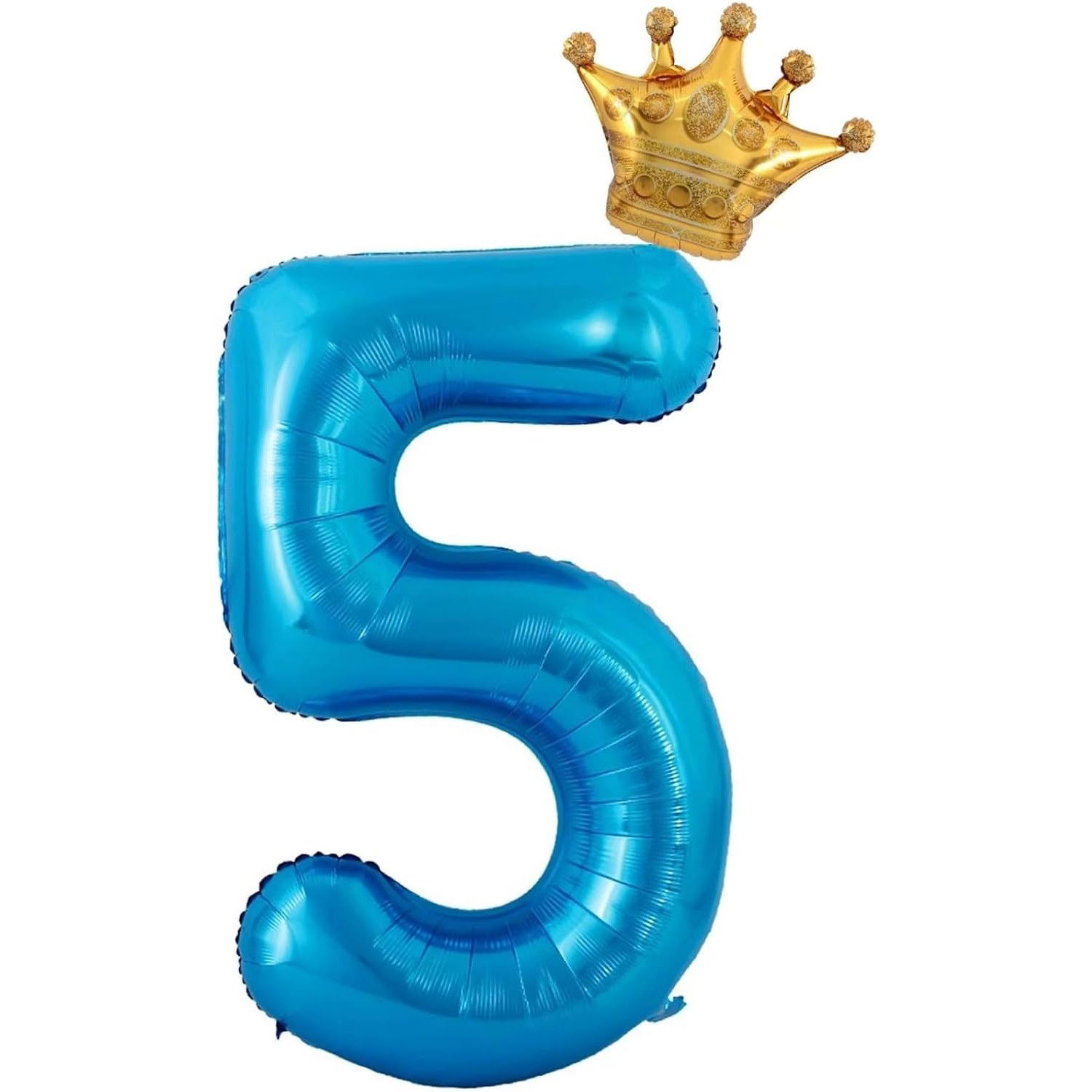 10 - 25 LEI - Balon din Folie Metalizata Flippy, Figurina Cifra si Coroana, Tema Aniversare 100 cm, Ambalaj Individual, Pai inclus, Umflare cu Aer sau Heliu, Albastru, Cifra 5