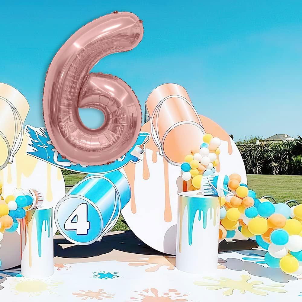 Balon din Folie Metalizata Flippy, Figurina Cifra, Tema Aniversare 80 cm, Ambalaj Individual, Pai inclus, Umflare cu Aer sau Heliu, Rose, Cifra 6 [3]