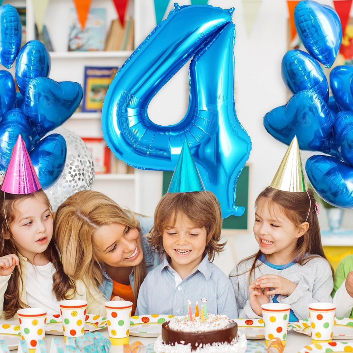 Balon din Folie Metalizata Flippy, Figurina Cifra, Tema Aniversare 40 cm, Ambalaj Individual, Pai inclus, Umflare cu Aer sau Heliu, Albastru, Cifra 4 [4]
