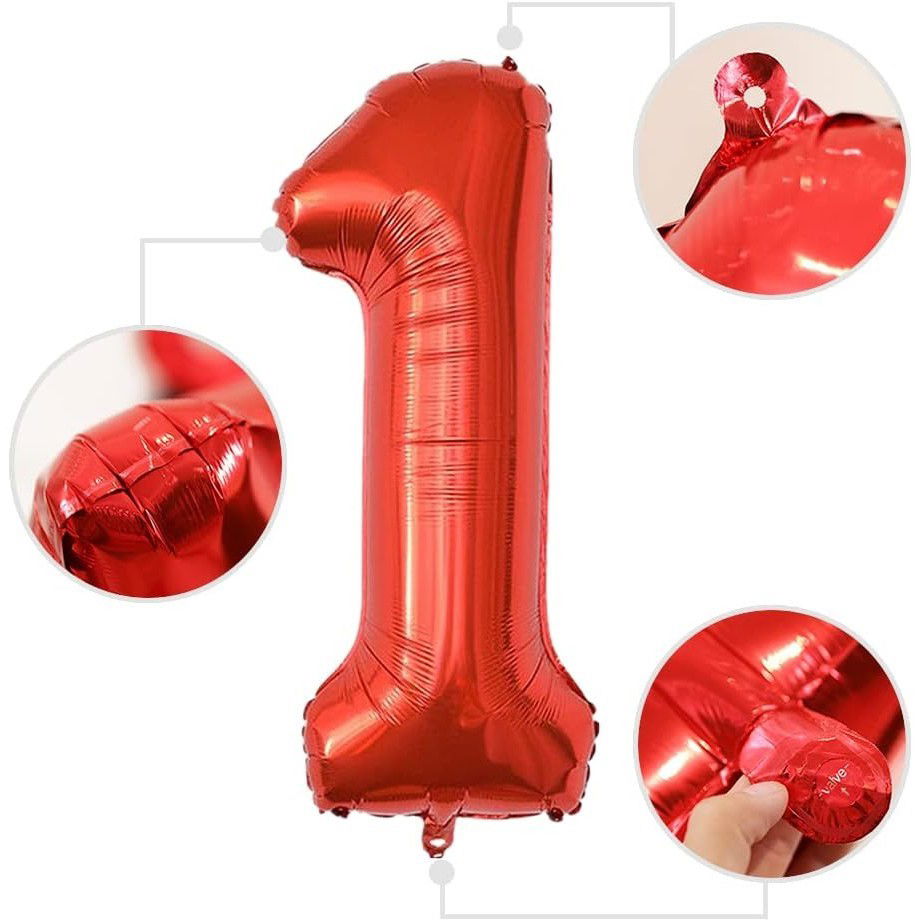 Petrecere - Balon din Folie Metalizata Flippy, Figurina Cifra, Tema Aniversare 100 cm, Ambalaj Individual, Pai inclus, Umflare cu Aer sau Heliu, Rosu, Cifra 1