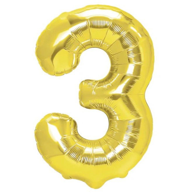 10 - 25 LEI - Balon din Folie Metalizata Flippy, Figurina Cifra, Tema Aniversare 100 cm, Ambalaj Individual, Pai inclus, Umflare cu Aer sau Heliu, Auriu, Cifra 3