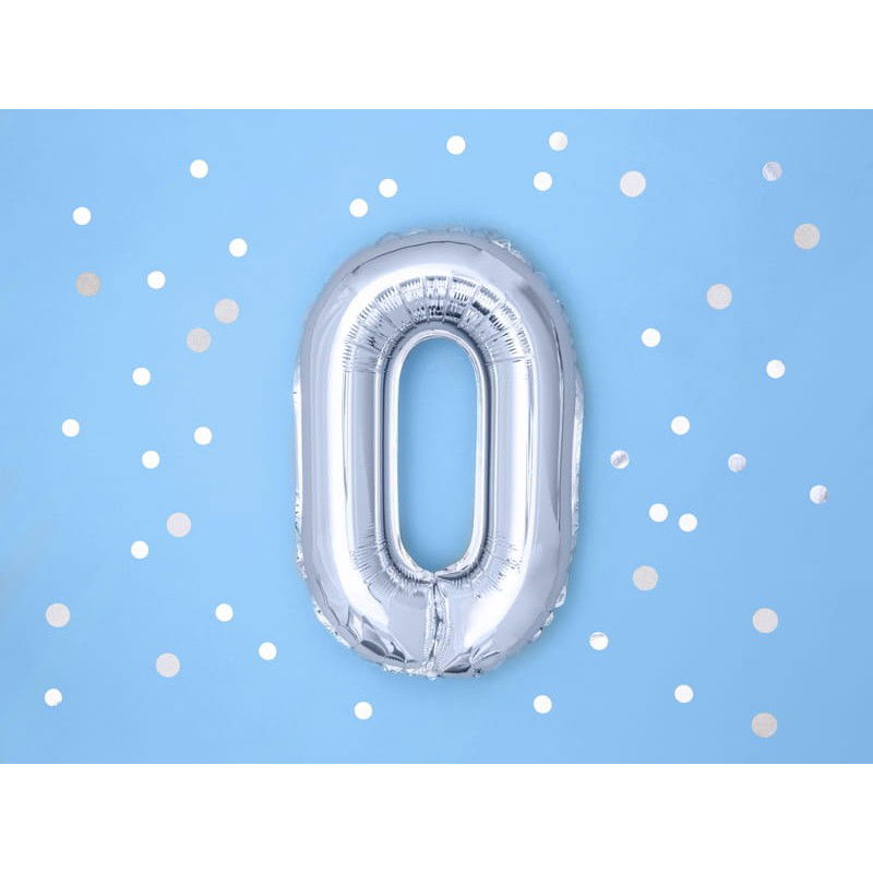 Balon din Folie Metalizata, Flippy, Figurina Cifra, Tema Aniversare 40 cm, Ambalaj Individual, Pai inclus, Umflare cu Aer sau Heliu, Argintiu, Cifra 0 [9]