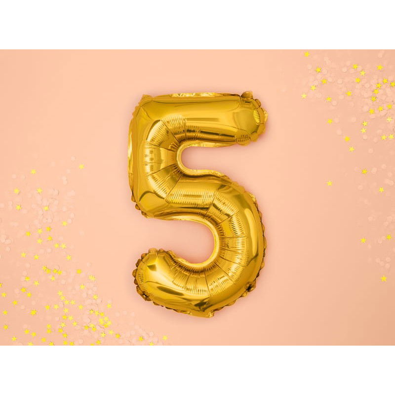 Balon din Folie Metalizata Flippy, Figurina Cifra, Tema Aniversare 80 cm, Ambalaj Individual, Pai inclus, Umflare cu Aer sau Heliu, Auriu, Cifra 5 [3]