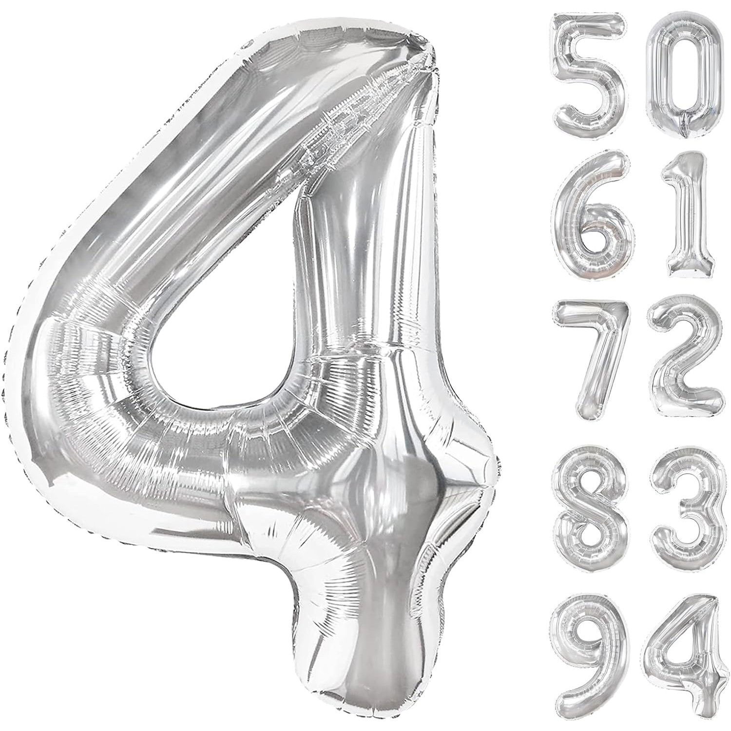 Balon din Folie Metalizata, Flippy, Figurina Cifra, Tema Aniversare 80 cm, Ambalaj Individual, Pai inclus, Umflare cu Aer sau Heliu, Argintiu, Cifra 4 [10]