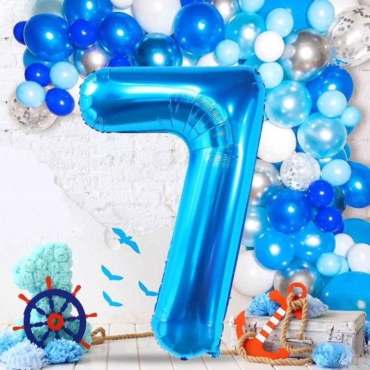 Balon din Folie Metalizata, Flippy, Figurina Cifra, Tema Aniversare 80 cm, Ambalaj Individual, Pai inclus, Umflare cu Aer sau Heliu, Albastru, Cifra 7 [5]