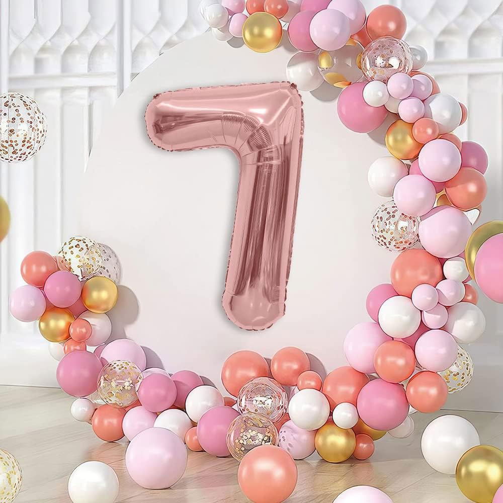 Petrecere - Balon din Folie Metalizata Flippy, Figurina Cifra, Tema Aniversare 40 cm, Ambalaj Individual, Pai inclus, Umflare cu Aer sau Heliu, Rose Gold, Cifra 7