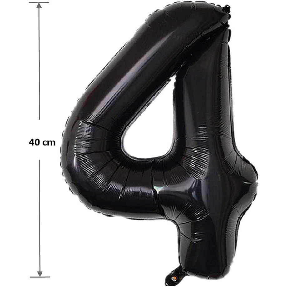 Petrecere - Balon din Folie Metalizata Flippy, Figurina Cifra, Tema Aniversare 40 cm, Ambalaj Individual, Pai inclus, Umflare cu Aer sau Heliu, Negru, Cifra 4