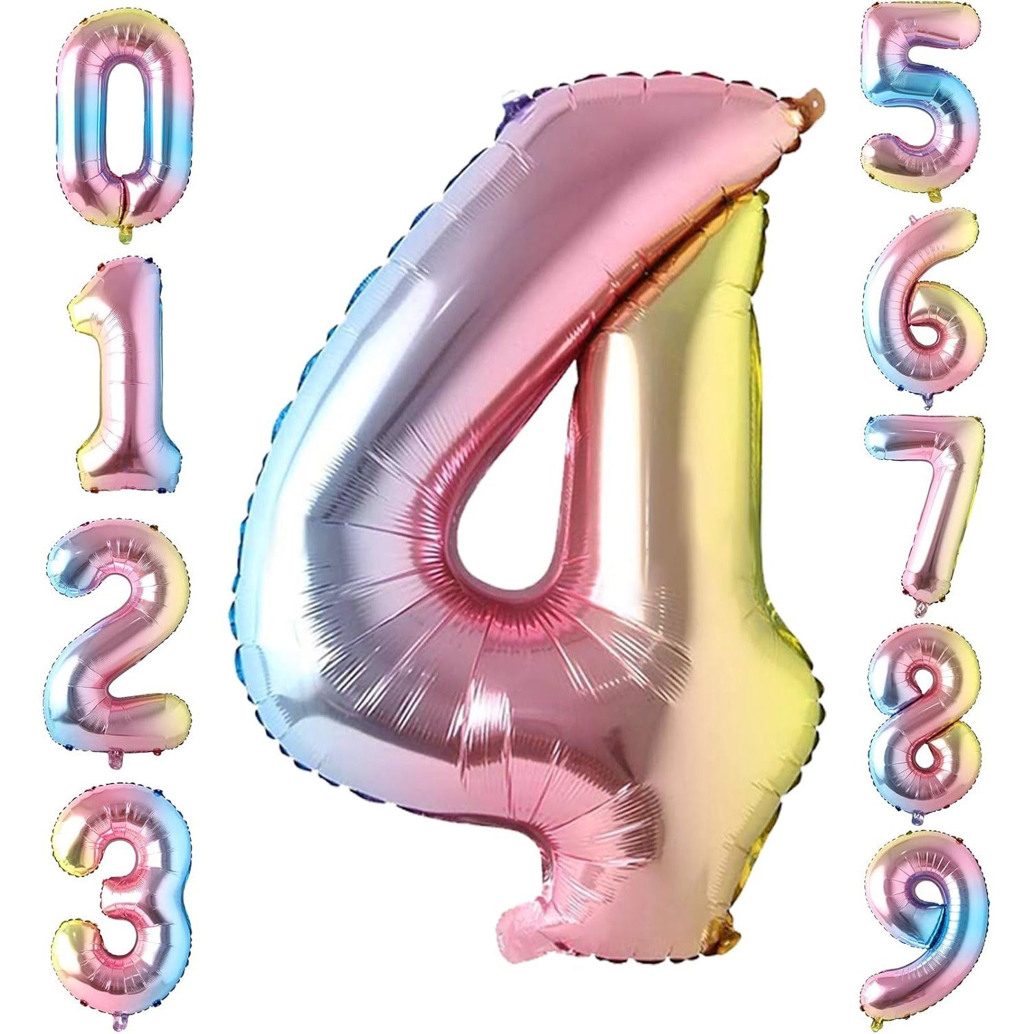 Balon din Folie Metalizata Flippy, Figurina Cifra, Tema Aniversare 40 cm, Ambalaj Individual, Pai inclus, Umflare cu Aer sau Heliu, Multicolor, Cifra 4 [3]