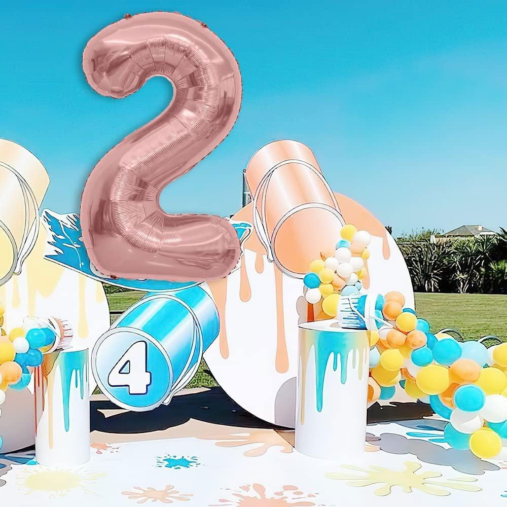 Balon din Folie Metalizata Flippy, Figurina Cifra, Tema Aniversare 40 cm, Ambalaj Individual, Pai inclus, Umflare cu Aer sau Heliu, Rose Gold, Cifra 2 [3]