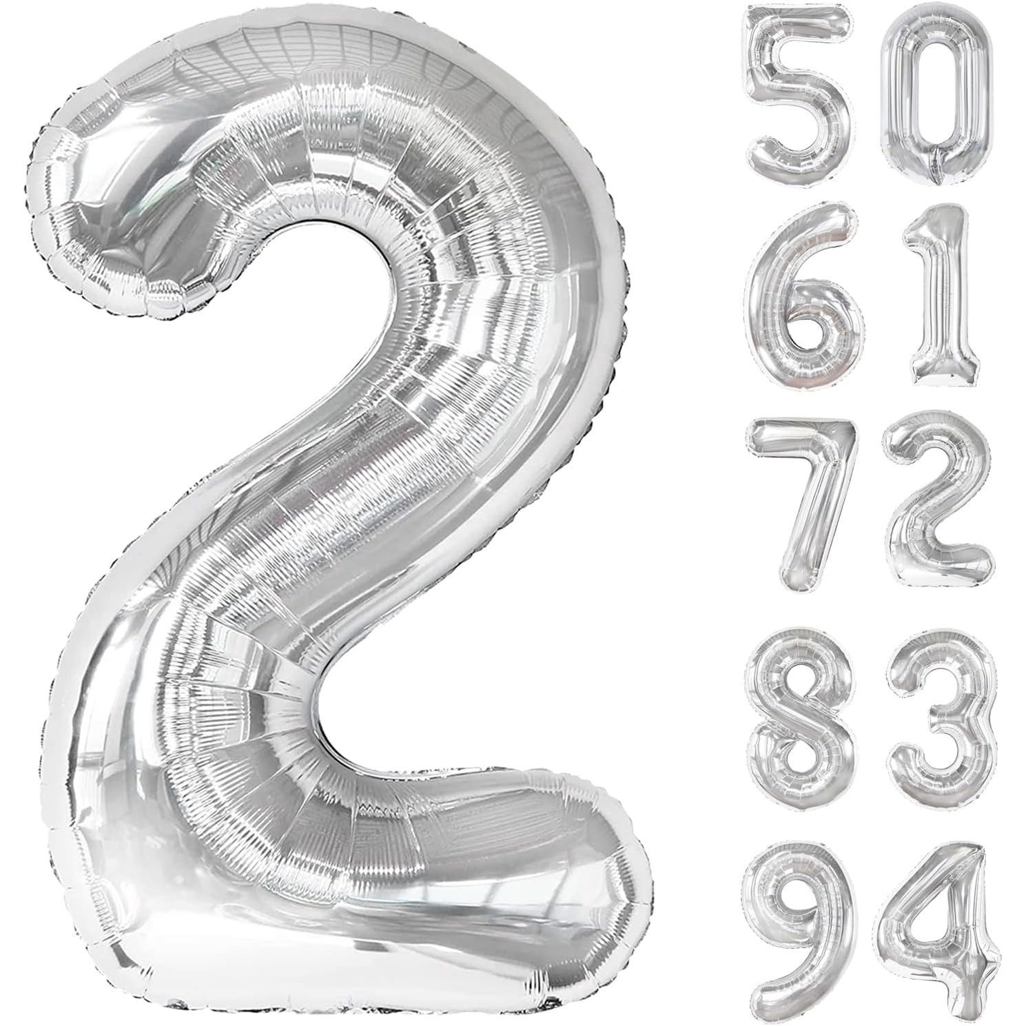Balon din Folie Metalizata, Flippy, Figurina Cifra, Tema Aniversare 40 cm, Ambalaj Individual, Pai inclus, Umflare cu Aer sau Heliu, Argintiu, Cifra 2 [11]