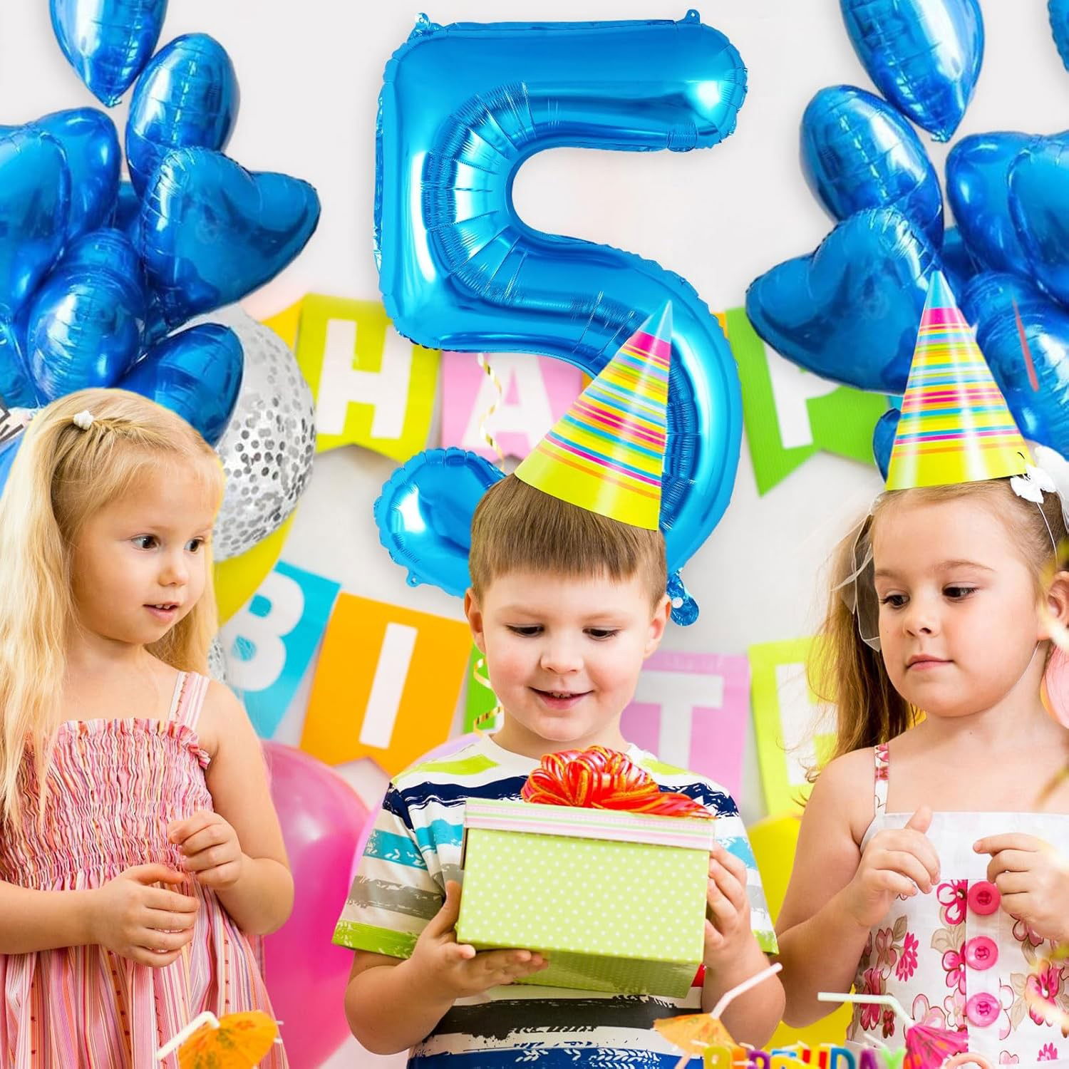 Balon din Folie Metalizata, Flippy, Figurina Cifra, Tema Aniversare 80 cm, Ambalaj Individual, Pai inclus, Umflare cu Aer sau Heliu, Albastru, Cifra 5 [5]