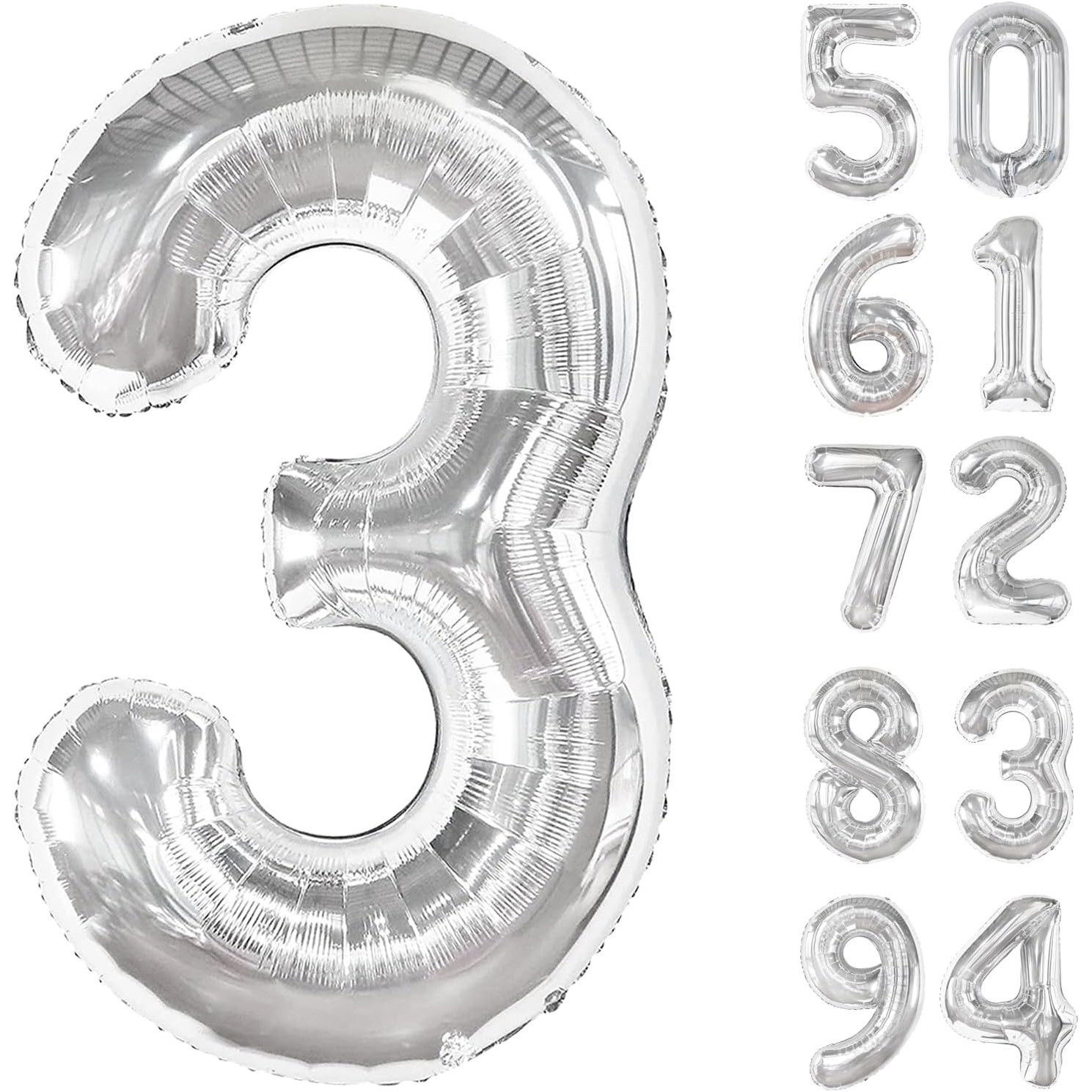 Balon din Folie Metalizata, Flippy, Figurina Cifra, Tema Aniversare 80 cm, Ambalaj Individual, Pai inclus, Umflare cu Aer sau Heliu, Argintiu, Cifra 3 [11]