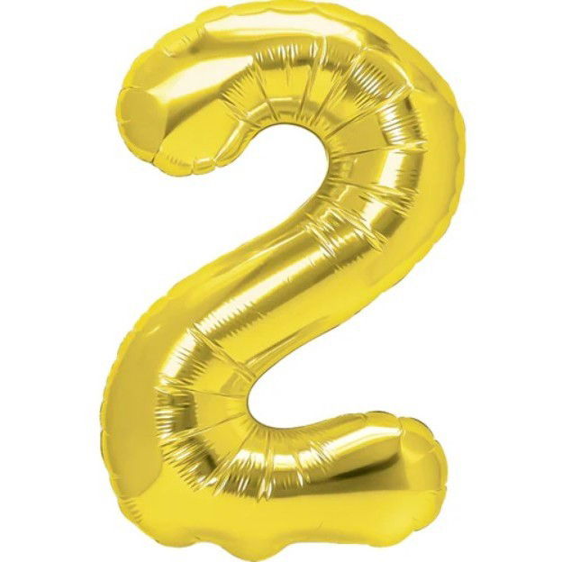 10 - 25 LEI - Balon din Folie Metalizata Flippy, Figurina Cifra, Tema Aniversare 100 cm, Ambalaj Individual, Pai inclus, Umflare cu Aer sau Heliu, Auriu, Cifra 2