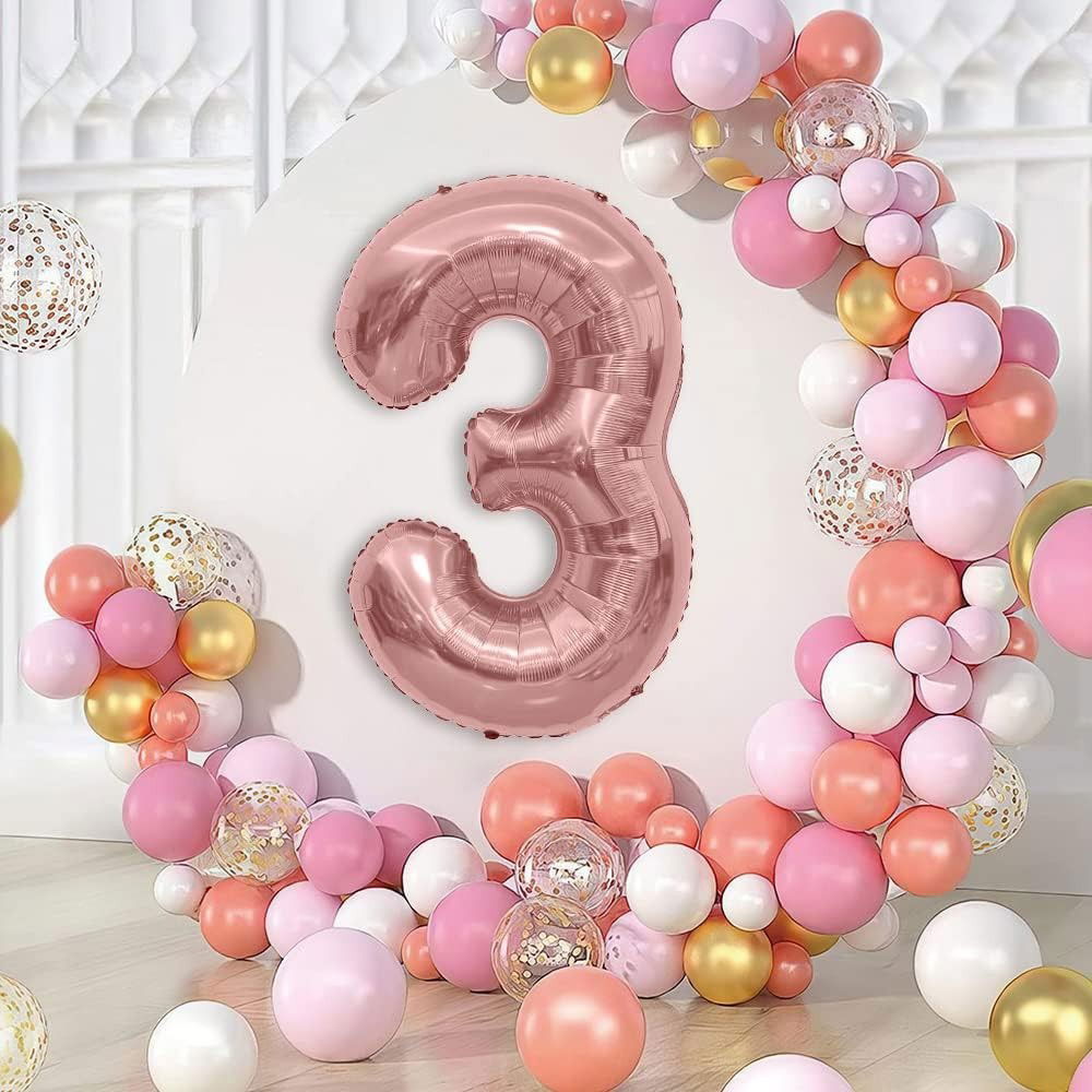 Balon din Folie Metalizata Flippy, Figurina Cifra, Tema Aniversare 100 cm, Ambalaj Individual, Pai inclus, Umflare cu Aer sau Heliu, Coral, Rose Gold, Cifra 3 [6]