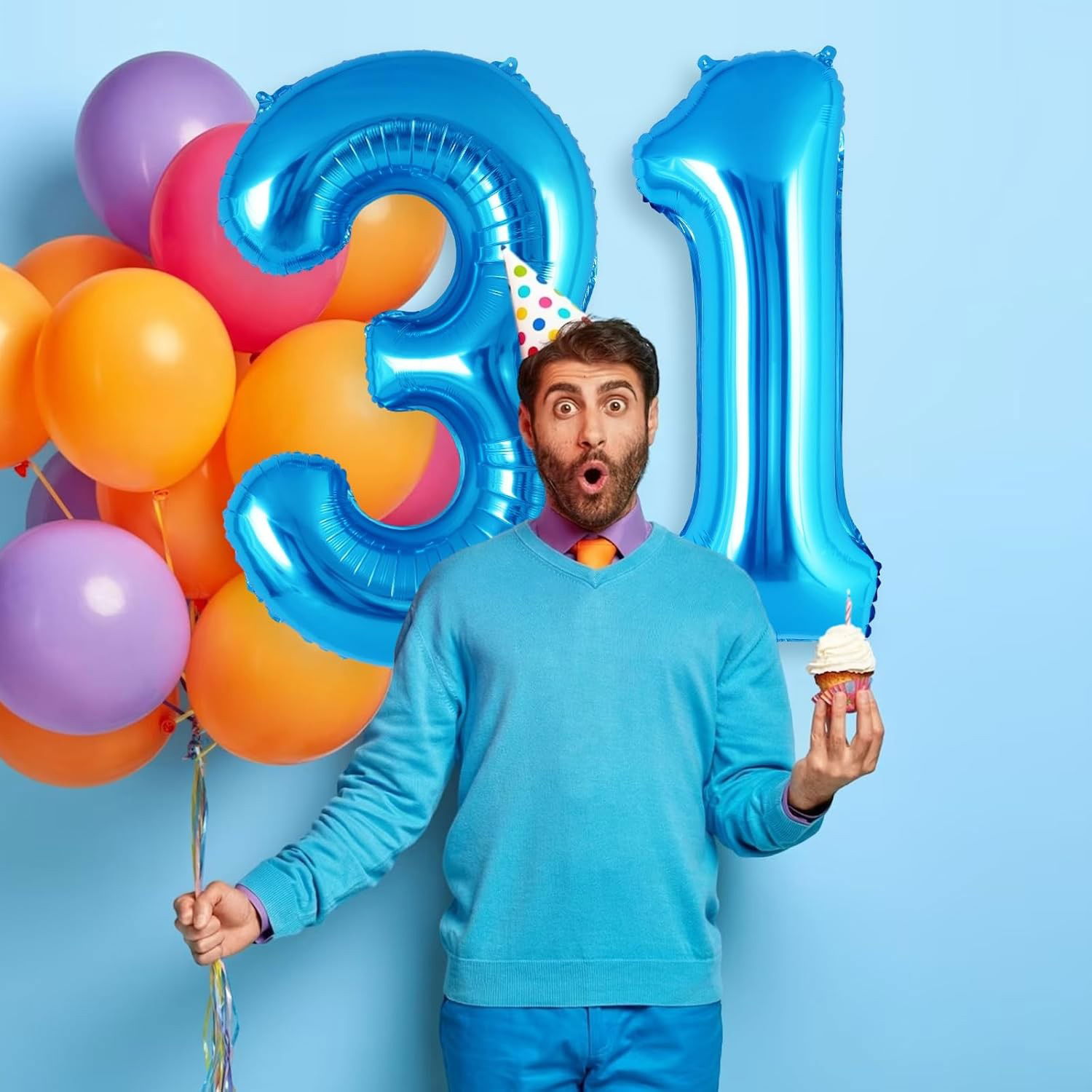 Balon din Folie Metalizata Flippy, Figurina Cifra, Tema Aniversare 40 cm, Ambalaj Individual, Pai inclus, Umflare cu Aer sau Heliu, Albastru, Cifra 1 [3]