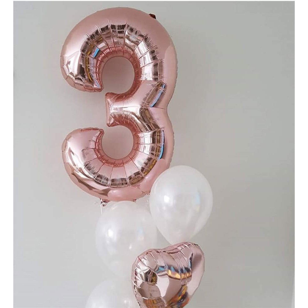 Balon din Folie Metalizata Flippy, Figurina Cifra, Tema Aniversare 80 cm, Ambalaj Individual, Pai inclus, Umflare cu Aer sau Heliu, Rose Gold, Cifra 3 [5]