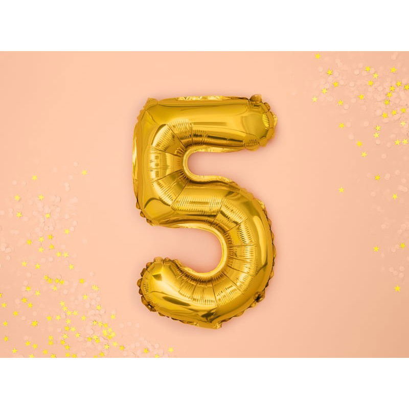 10 - 25 LEI - Balon din Folie Metalizata Flippy, Figurina Cifra, Tema Aniversare 100 cm, Ambalaj Individual, Pai inclus, Umflare cu Aer sau Heliu, Auriu, Cifra 5