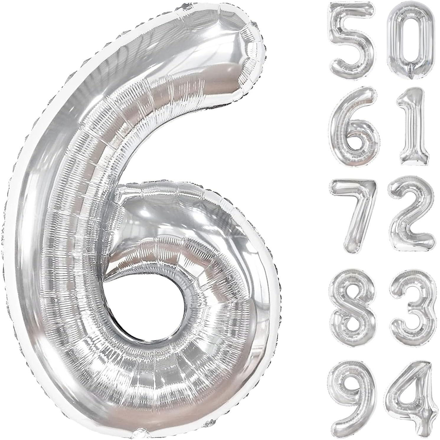 Balon din Folie Metalizata, Flippy, Figurina Cifra, Tema Aniversare 100 cm, Ambalaj Individual, Pai inclus, Umflare cu Aer sau Heliu, Argintiu, Cifra 6 [4]