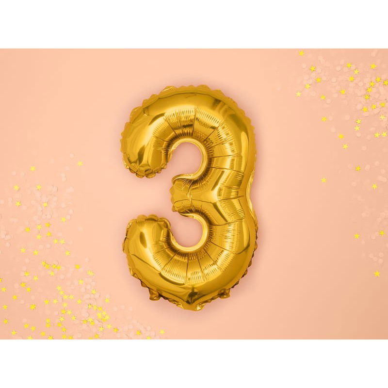 10 - 25 LEI - Balon din Folie Metalizata Flippy, Figurina Cifra, Tema Aniversare 100 cm, Ambalaj Individual, Pai inclus, Umflare cu Aer sau Heliu, Auriu, Cifra 3