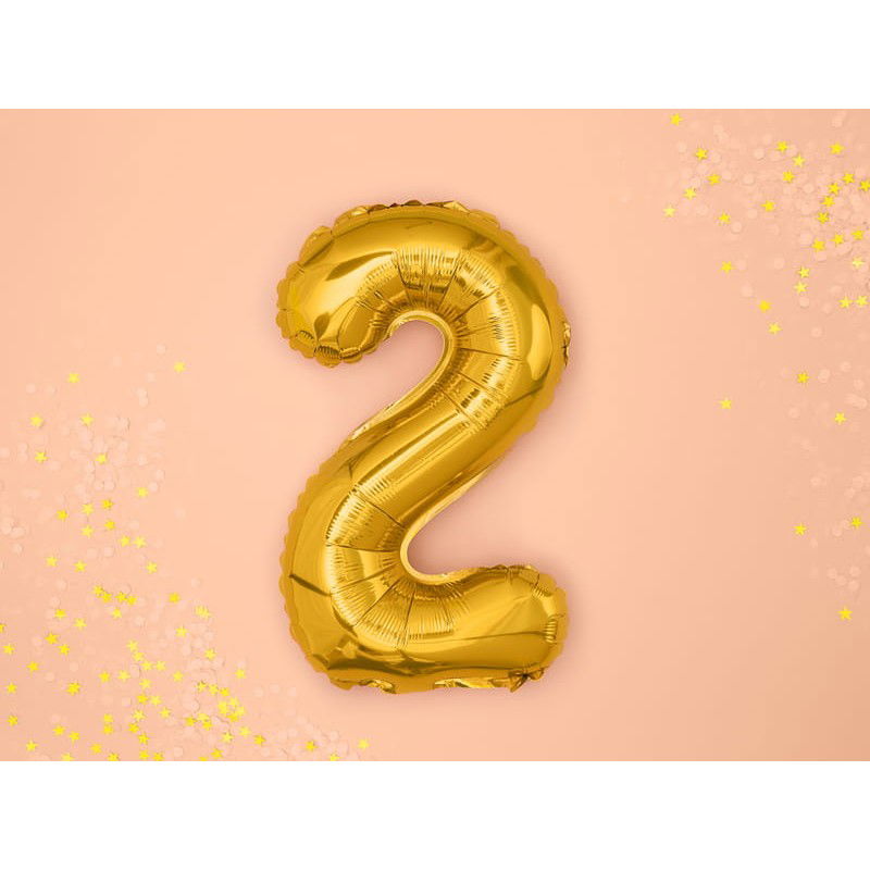 Balon din Folie Metalizata Flippy, Figurina Cifra, Tema Aniversare 80 cm, Ambalaj Individual, Pai inclus, Umflare cu Aer sau Heliu, Auriu, Cifra 2 [3]
