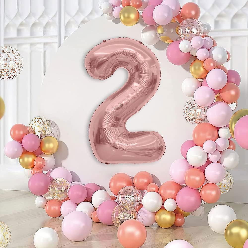 Balon din Folie Metalizata Flippy, Figurina Cifra, Tema Aniversare 100 cm, Ambalaj Individual, Pai inclus, Umflare cu Aer sau Heliu, Coral, Rose, Cifra 2 [6]