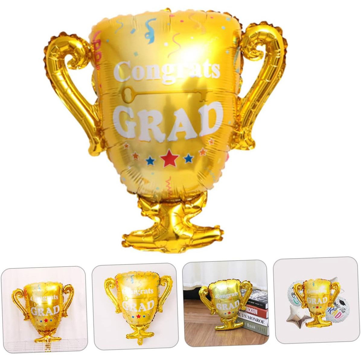 Balon din Folie Metalizata, Flippy, Figurina Cupa, Tema Absolvire, 65x72cm, Ambalaj Individual, Pai Inclus, Umflare cu Aer sau Heliu, Galben [3]